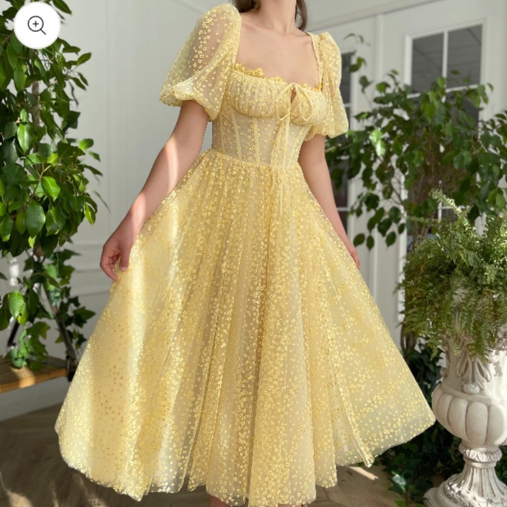 Teuta Matoshi Yellow Puff Sleeve Midi Dress with Polka Dot Tulle